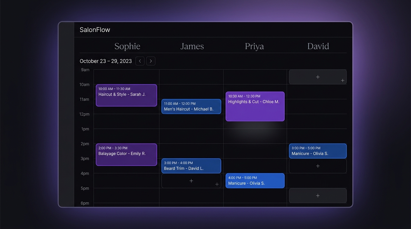 Salon booking calendar showing appointments for multiple stylists